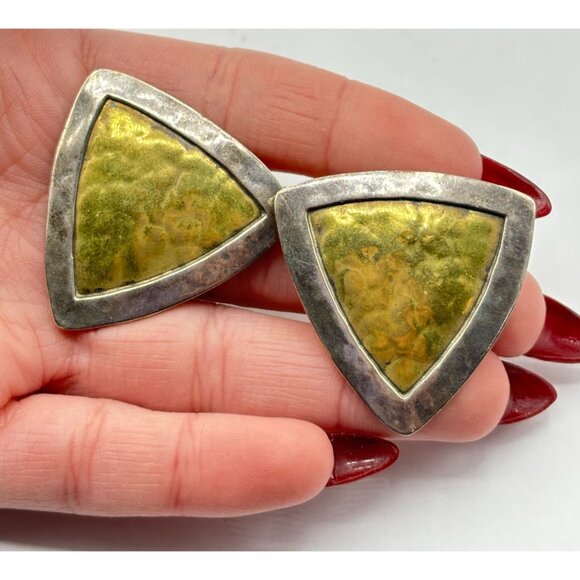 Jeep Collins Retired Hammered 925 Brass Clip-On Earrings Triangle Shape - Picture 7 of 10